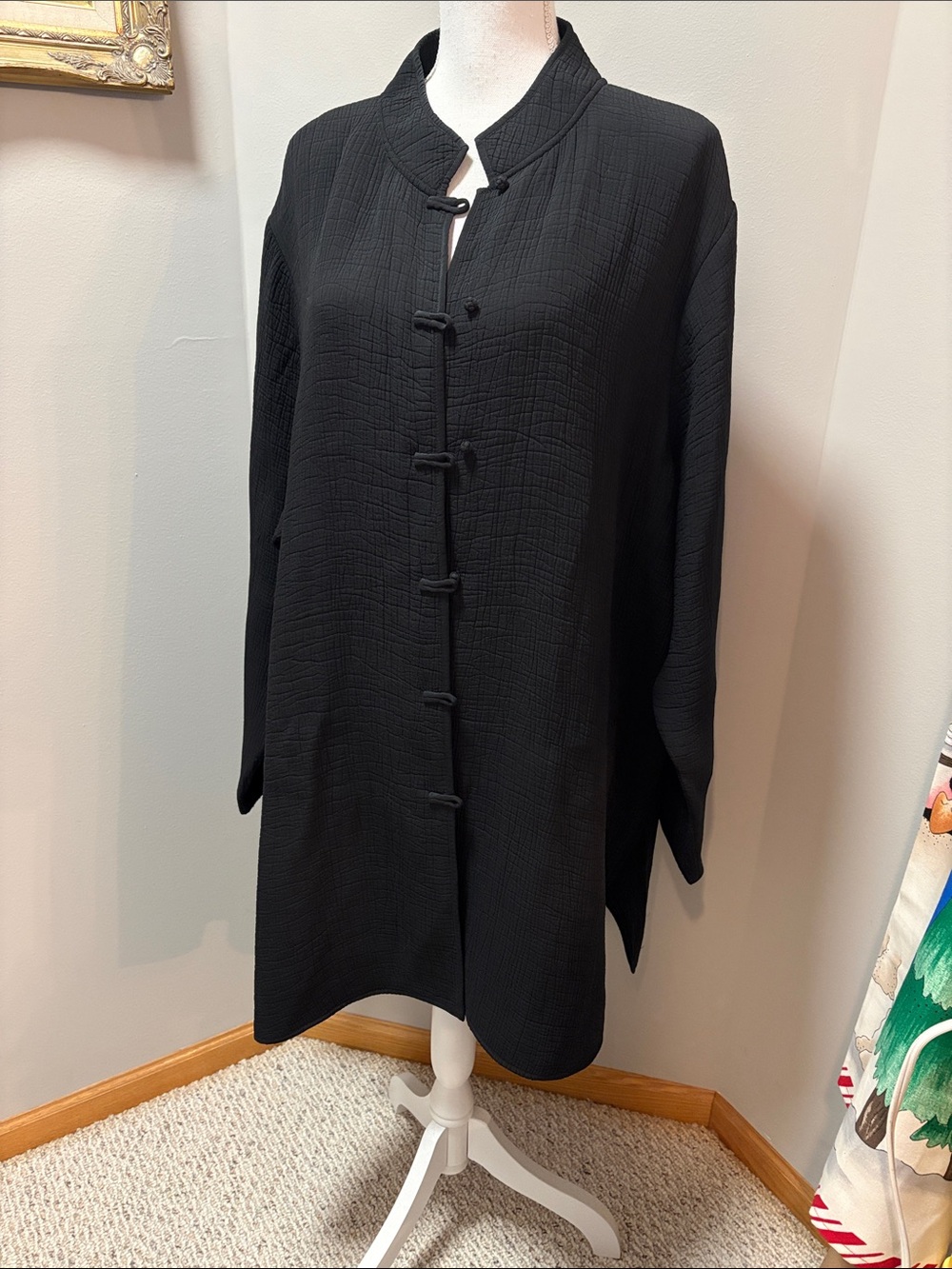 Eileen Fisher Black Mandarin-Collar Knot-Button Jacket